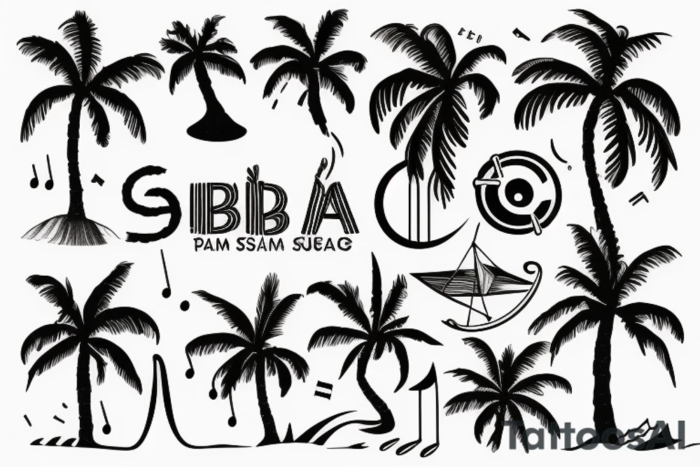 The sign of libra combined with palmtree and music and surfing a ships and graditude tattoo idea