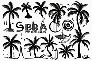 The sign of libra combined with palmtree and music and surfing a ships and graditude tattoo idea