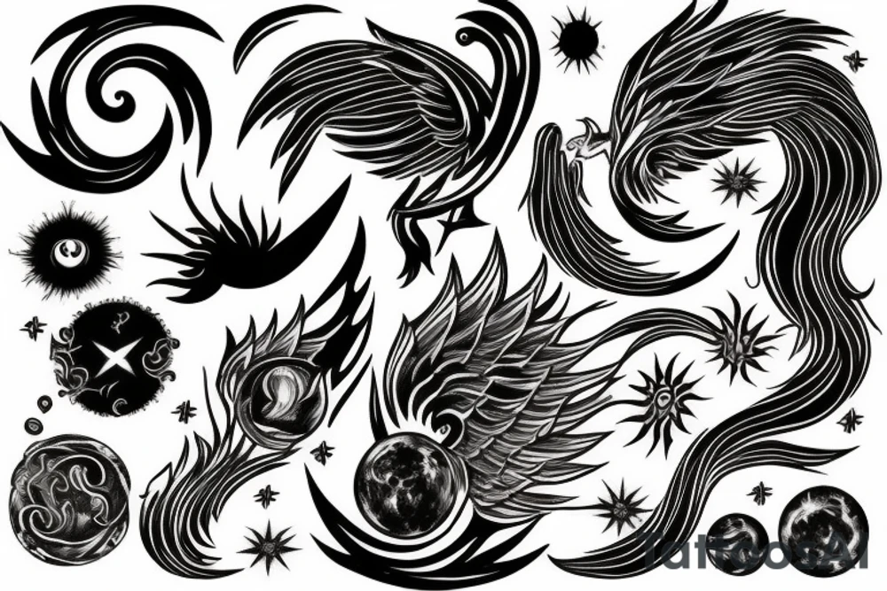 Phoenix sun moon stars flame birth death tattoo idea