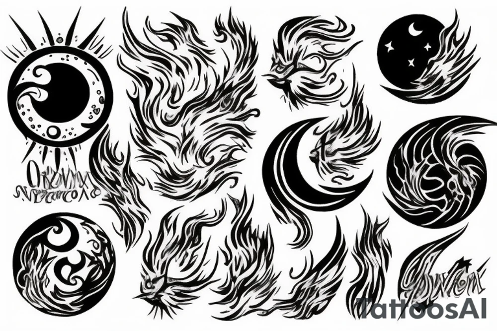 Phoenix sun moon stars flame birth death tattoo idea