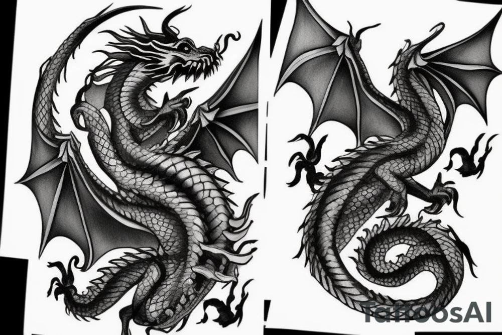 I want a full sleeve flying dragon which will start from my chest to my right wrist. The talons on the dragon will be trying to grasp the skull on my forearm. tattoo idea