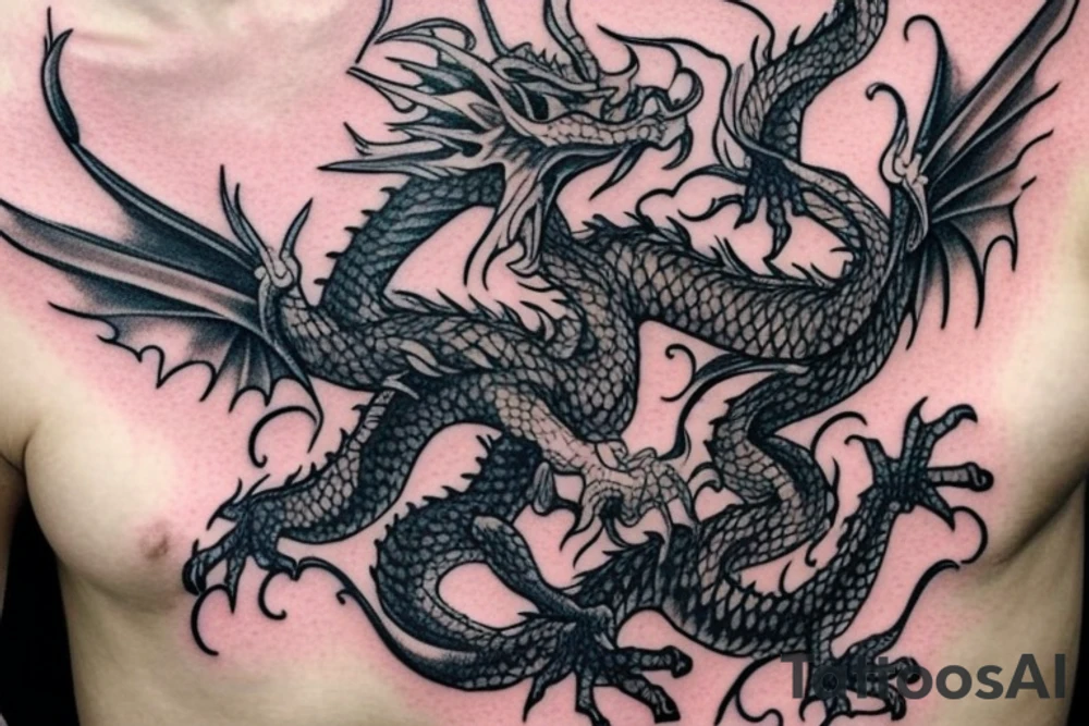 I want a full sleeve flying dragon which will start from my chest to my right wrist. The talons on the dragon will be trying to grasp the skull on my forearm. tattoo idea