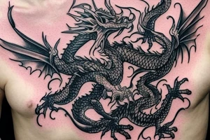 I want a full sleeve flying dragon which will start from my chest to my right wrist. The talons on the dragon will be trying to grasp the skull on my forearm. tattoo idea