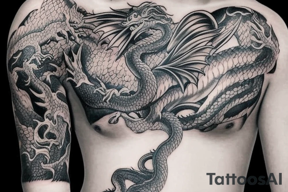 I want a full sleeve flying dragon which will start from my chest to my right wrist. The talons on the dragon will be trying to grasp the skull on my forearm. tattoo idea