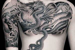 I want a full sleeve flying dragon which will start from my chest to my right wrist. The talons on the dragon will be trying to grasp the skull on my forearm. tattoo idea