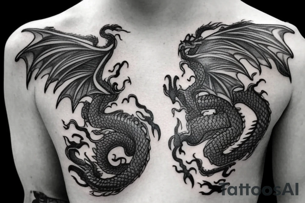 I want a full sleeve flying dragon which will start from my chest to my right wrist. The talons on the dragon will be trying to grasp the skull on my forearm. tattoo idea