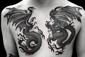 I want a full sleeve flying dragon which will start from my chest to my right wrist. The talons on the dragon will be trying to grasp the skull on my forearm. tattoo idea