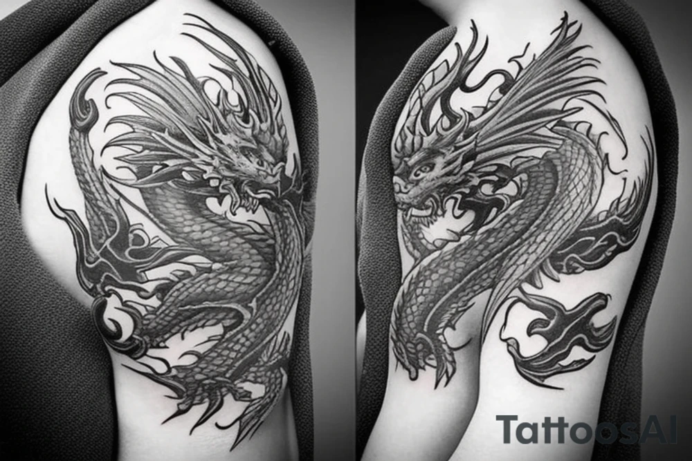 I want a full sleeve flying dragon which will start from my shoulder to my wrist. The talons on the dragon will be trying to grasp the skull on my forearm. tattoo idea