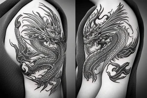 I want a full sleeve flying dragon which will start from my shoulder to my wrist. The talons on the dragon will be trying to grasp the skull on my forearm. tattoo idea