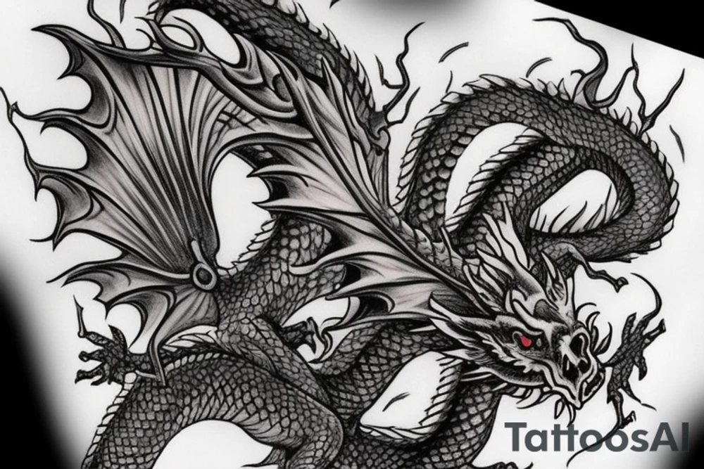 I want a full sleeve flying dragon which will start from my shoulder to my wrist. The talons on the dragon will be trying to grasp the skull on my forearm. tattoo idea