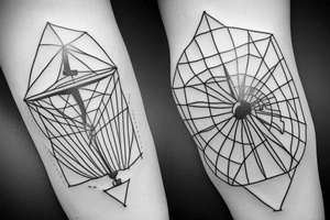 minimalist hexagonal windmill with four sails, one front door and three windows tattoo idea