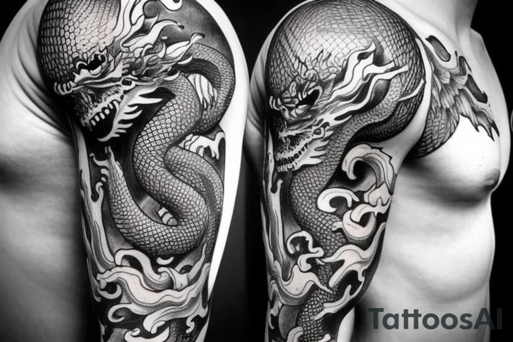 I want a full sleeve flying dragon which will start from my shoulder to my wrist. The talons on the dragon will be trying to grasp the skull on my forearm. tattoo idea