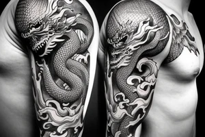 I want a full sleeve flying dragon which will start from my shoulder to my wrist. The talons on the dragon will be trying to grasp the skull on my forearm. tattoo idea