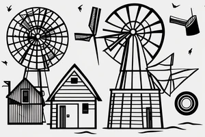 minimalist windmill with four sails, one front door and three windows tattoo idea