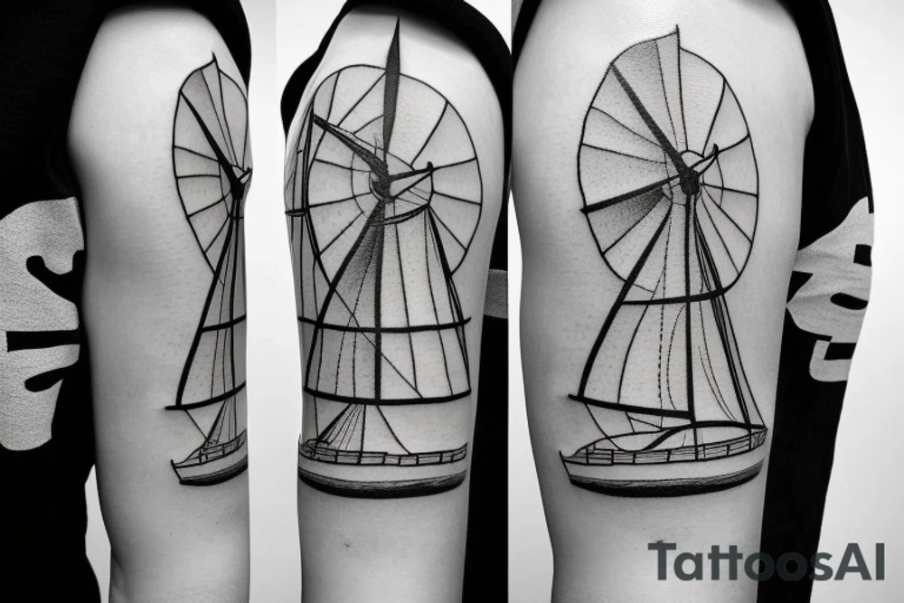 minimalist windmill with four sails, one front door and three windows tattoo idea