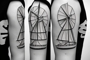 minimalist windmill with four sails, one front door and three windows tattoo idea