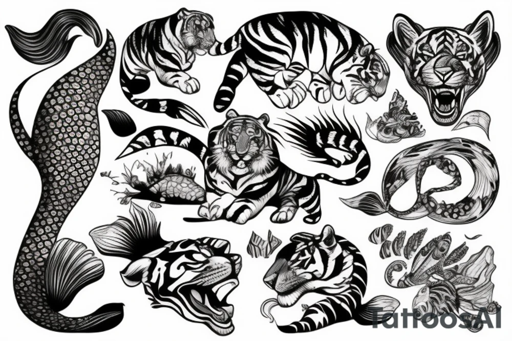 Tiger with mermaid tale tattoo idea
