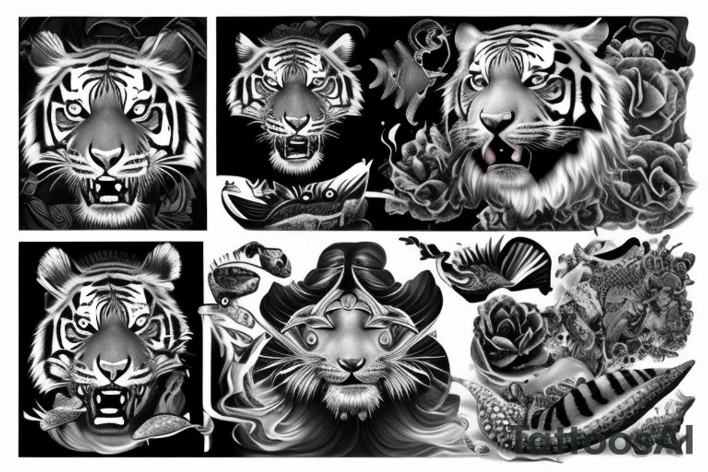 Tiger with mermaid tale tattoo idea