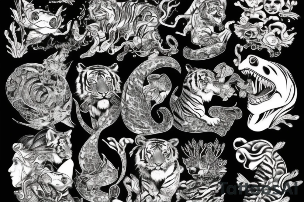 Tiger with mermaid tale tattoo idea