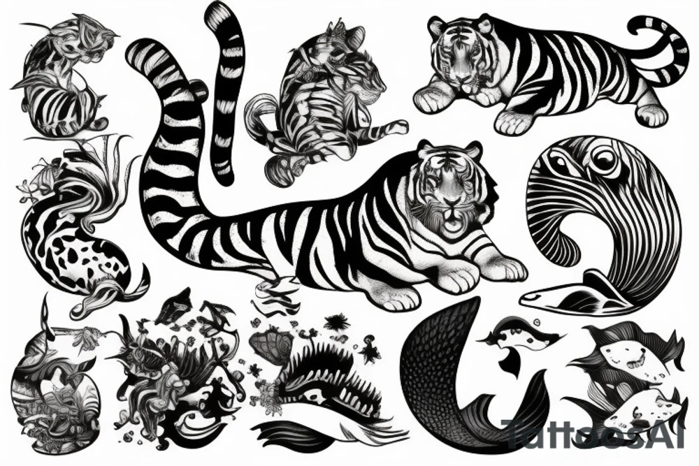 Tiger with mermaid tale tattoo idea
