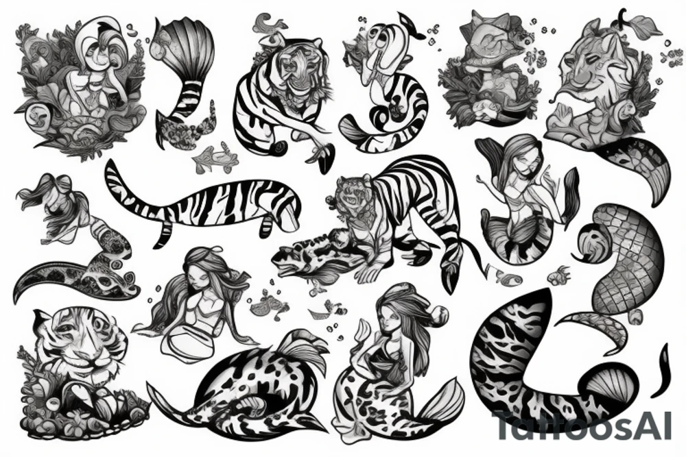 Tiger with mermaid tale tattoo idea