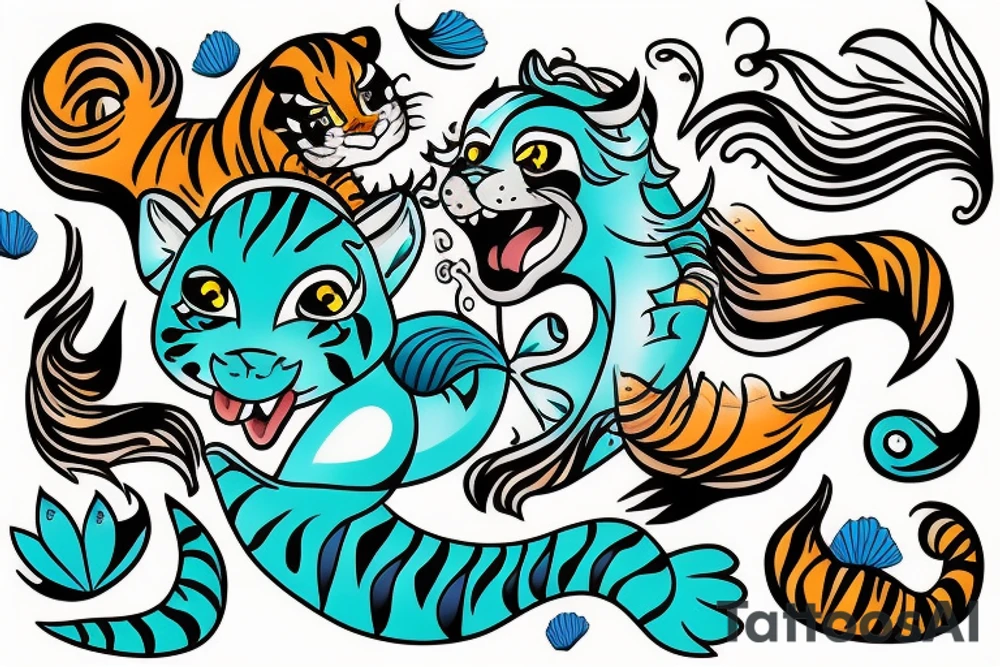 Tiger with mermaid tale tattoo idea