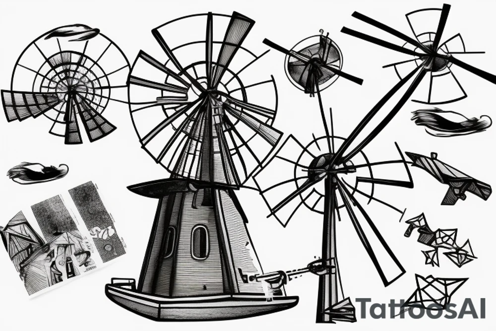 Brutalist windmill with four sailsf tattoo idea