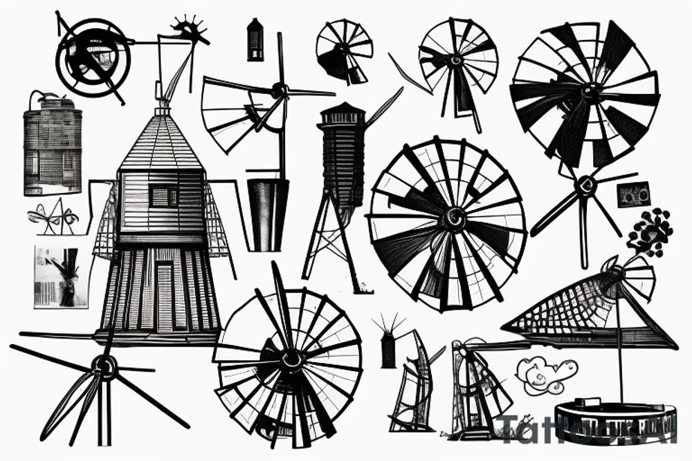 Brutalist building with windmill tattoo idea