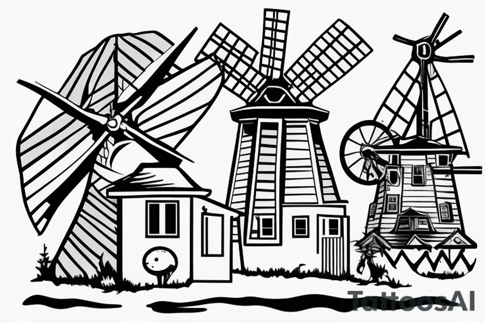 Front of building with four sail windmill attached tattoo idea