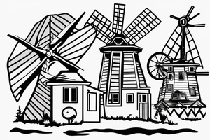 Front of building with four sail windmill attached tattoo idea
