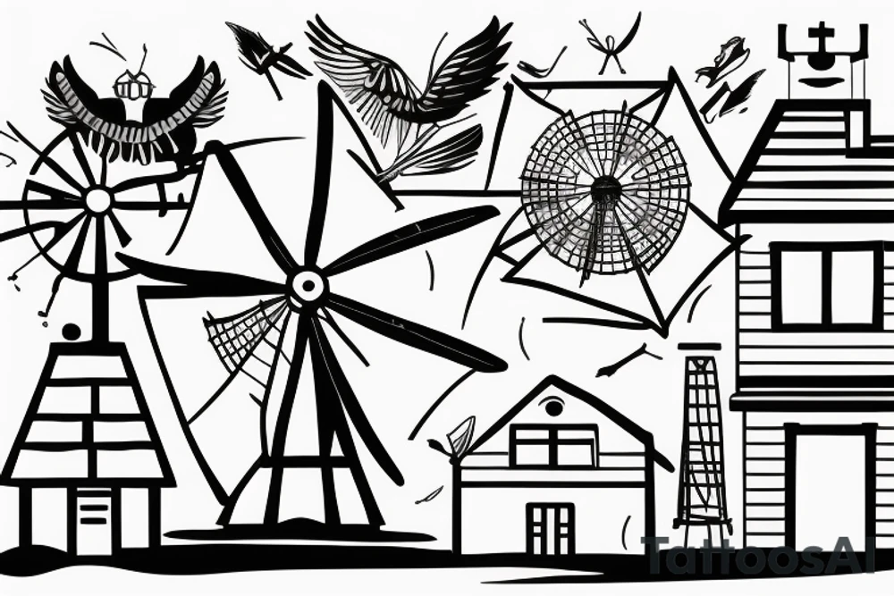 Front of building with four sail windmill attached tattoo idea