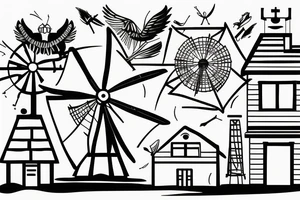 Front of building with four sail windmill attached tattoo idea