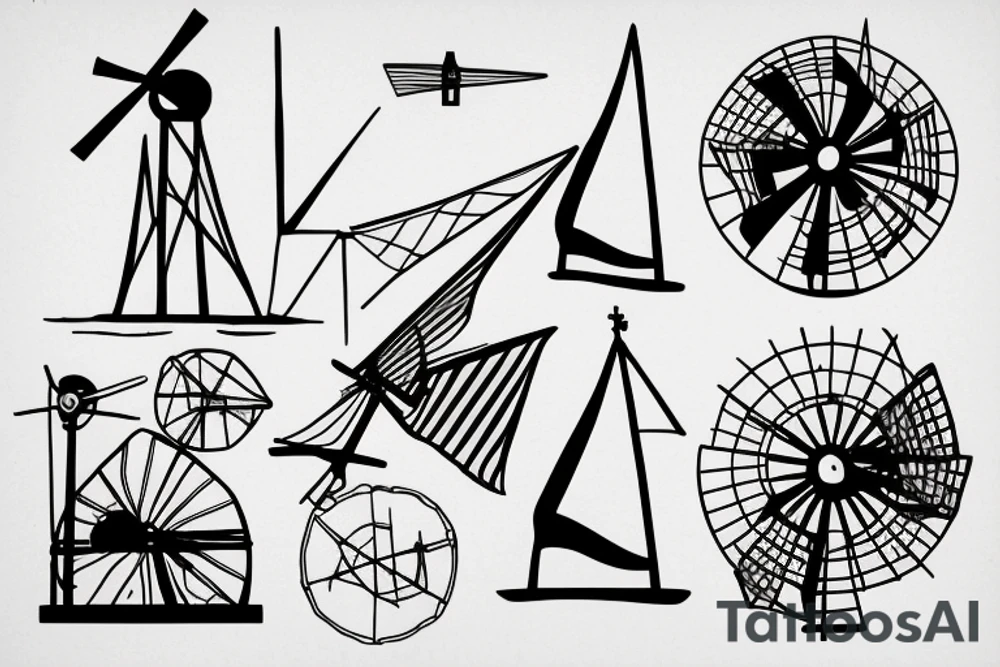 Brutalist windmill with four sails tattoo idea