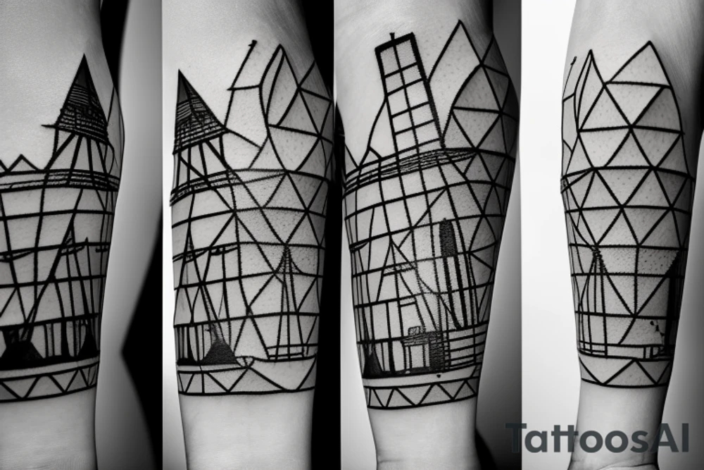 Brutalist windmill with four sails, attached to hexagonally shaped brutalist tower with pyramid top tattoo idea