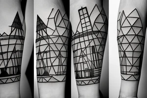 Brutalist windmill with four sails, attached to hexagonally shaped brutalist tower with pyramid top tattoo idea