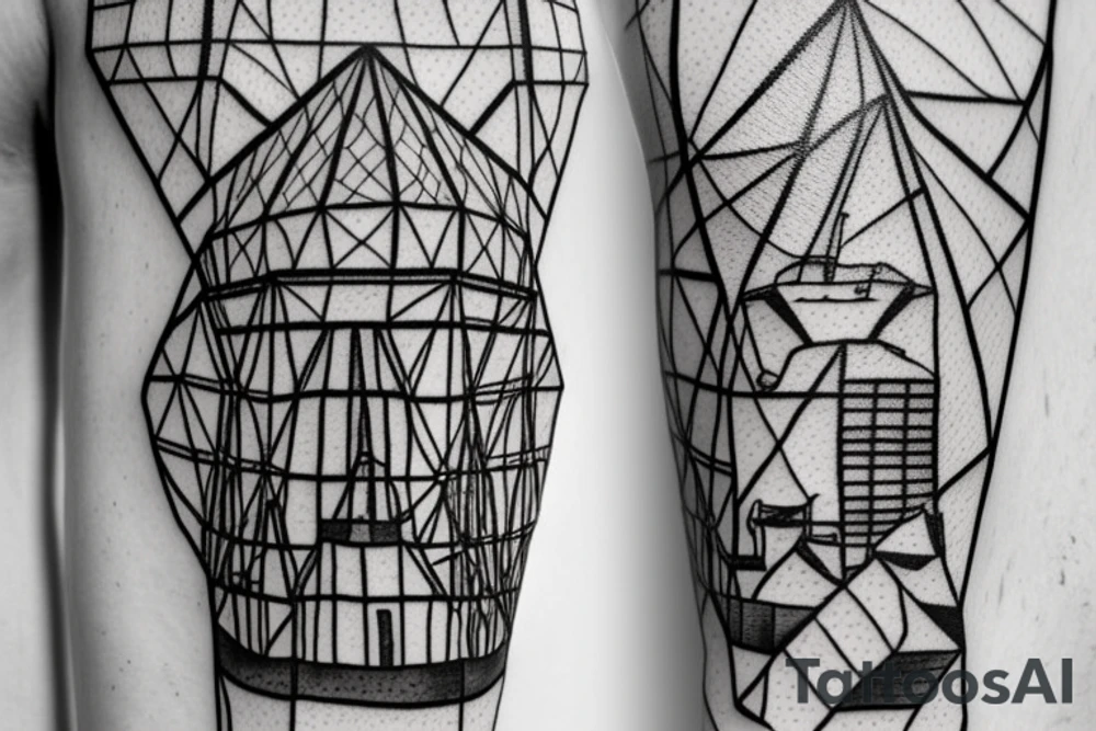 Brutalist windmill with four sails, attached to hexagonally shaped brutalist tower with pyramid top tattoo idea