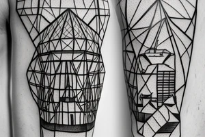 Brutalist windmill with four sails, attached to hexagonally shaped brutalist tower with pyramid top tattoo idea
