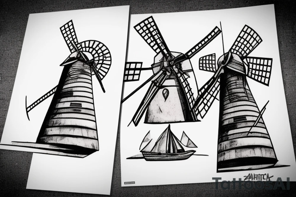 Front-facing stationary view of brutalist windmill with four sails tattoo idea