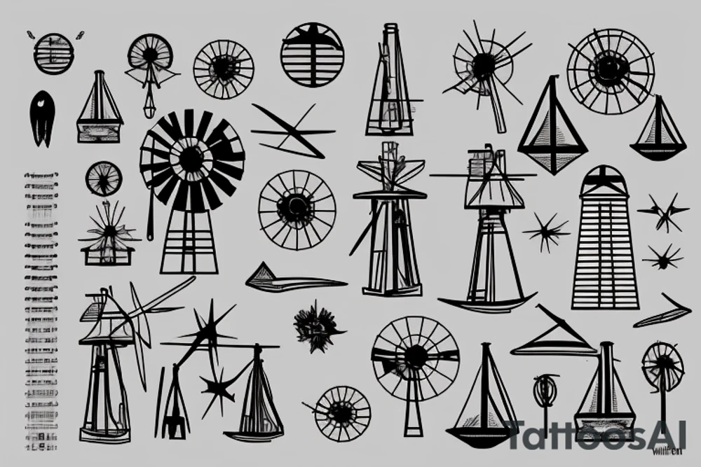 Front-facing stationary view of brutalist windmill with four sails tattoo idea