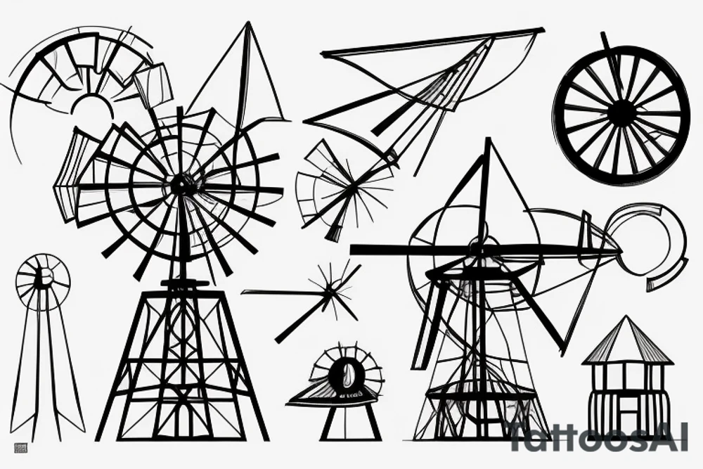 Front view of brutalist windmill with four stationary sails tattoo idea