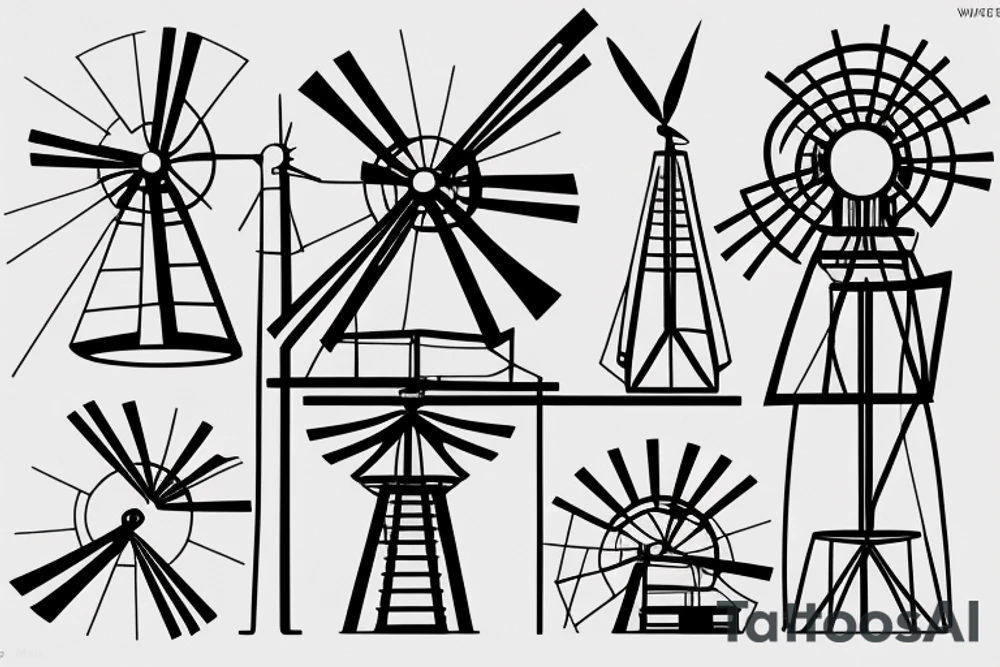 Front view of brutalist windmill with four stationary sails tattoo idea