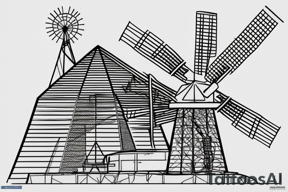 Front view of brutalist hexagonal building with a windmill attached to the pyramid top. There are four sails on the windmill that are not moving. tattoo idea