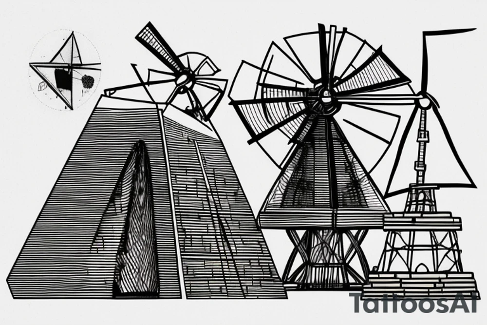 Front view of brutalist hexagonal building with a windmill attached to the pyramid top. There are four sails on the windmill that are not moving. tattoo idea