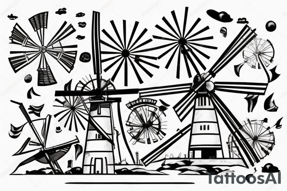 Front view of brutalist windmill with four stationary sails tattoo idea
