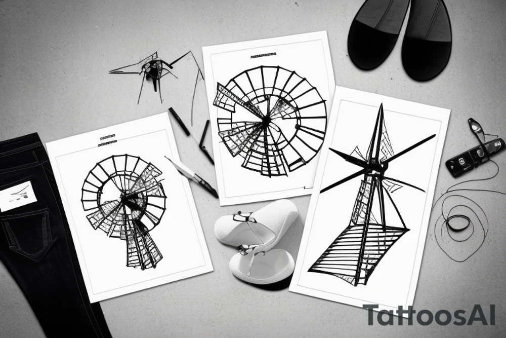 Front view of brutalist windmill with four stationary sails tattoo idea