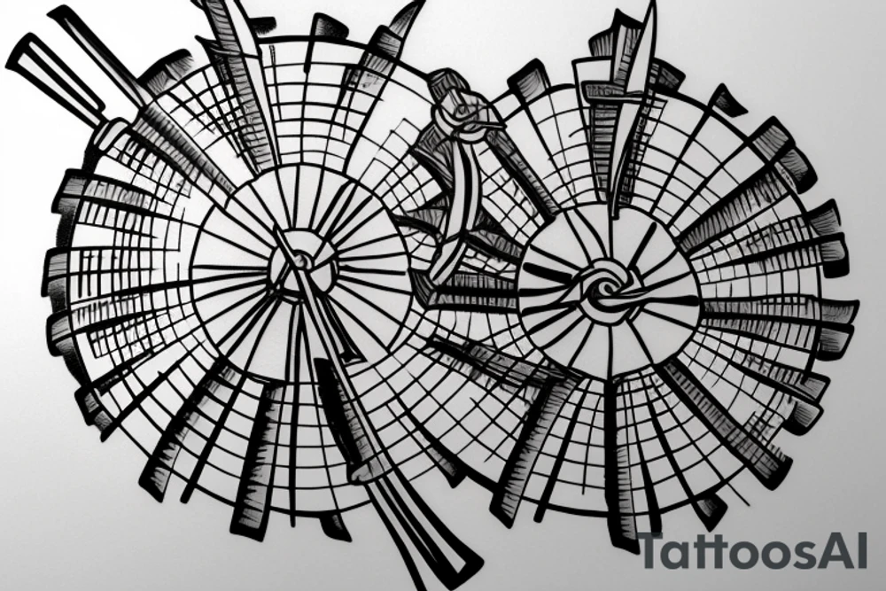 Front-facing view of windmill with four blades that are currently stationary, three windows and one front door tattoo idea