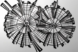 Front-facing view of windmill with four blades that are currently stationary, three windows and one front door tattoo idea