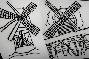 Front-facing view of windmill with four blades that are currently stationary, three windows and one front door tattoo idea