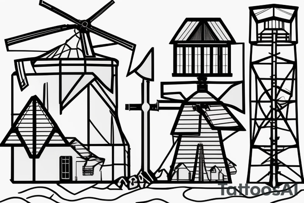 Front-facing view of brutalist windmill with four still blades, three windows and one front door at the bottom of the structure tattoo idea