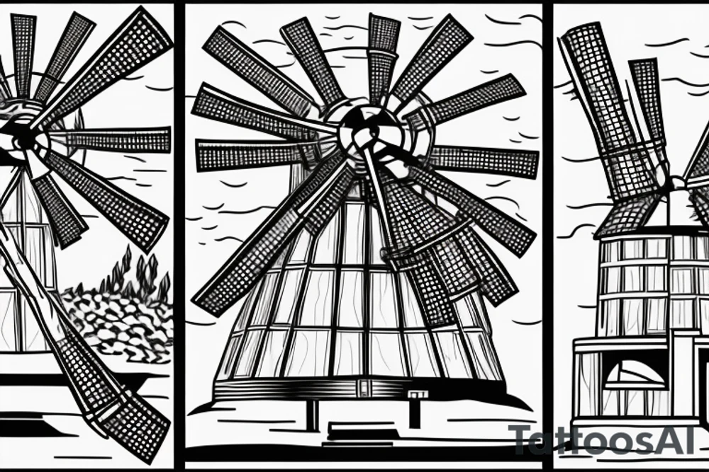 Front-facing view of brutalist windmill with four still blades, three windows and one front door at the bottom of the structure tattoo idea
